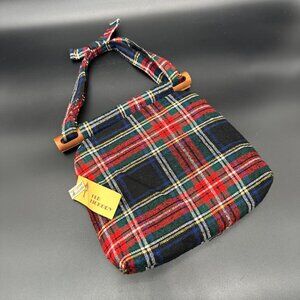 Vintage Plaid Purse Wool Wooden Accents 70s Old Hickory Handbag Retro Red Black